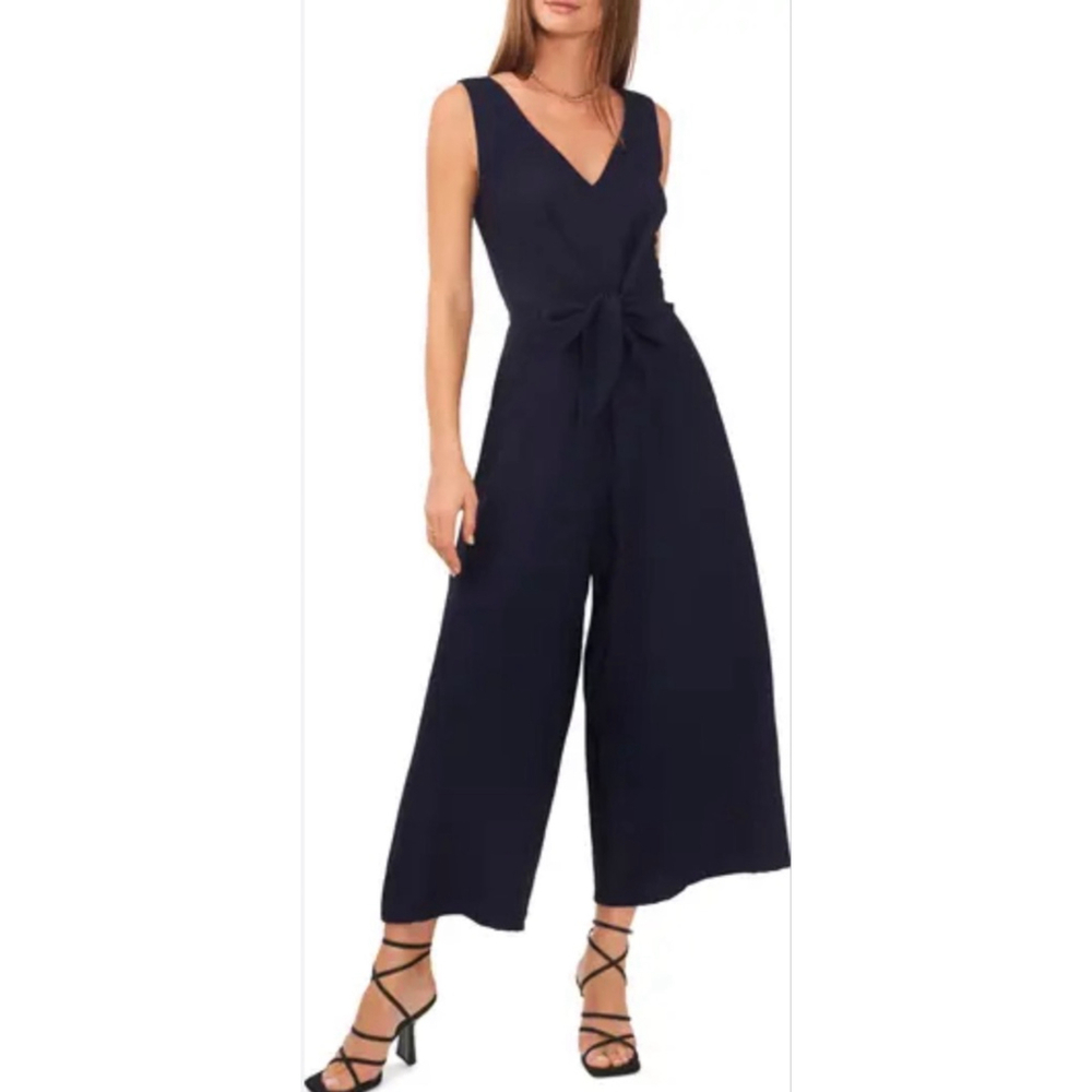 Vince Camuto Navy Wide Leg Jumpsuit Small Tie Front V Neck Back Zip Stretchy